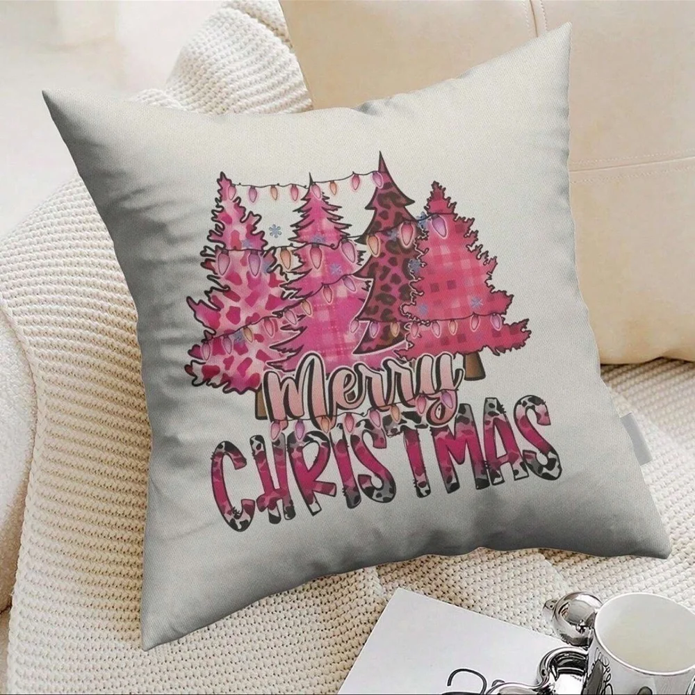 PINK LEOPARD CHRISTMAS TREE MERRY CHRISTMAS PILLOW COVER WITH ZIPPER